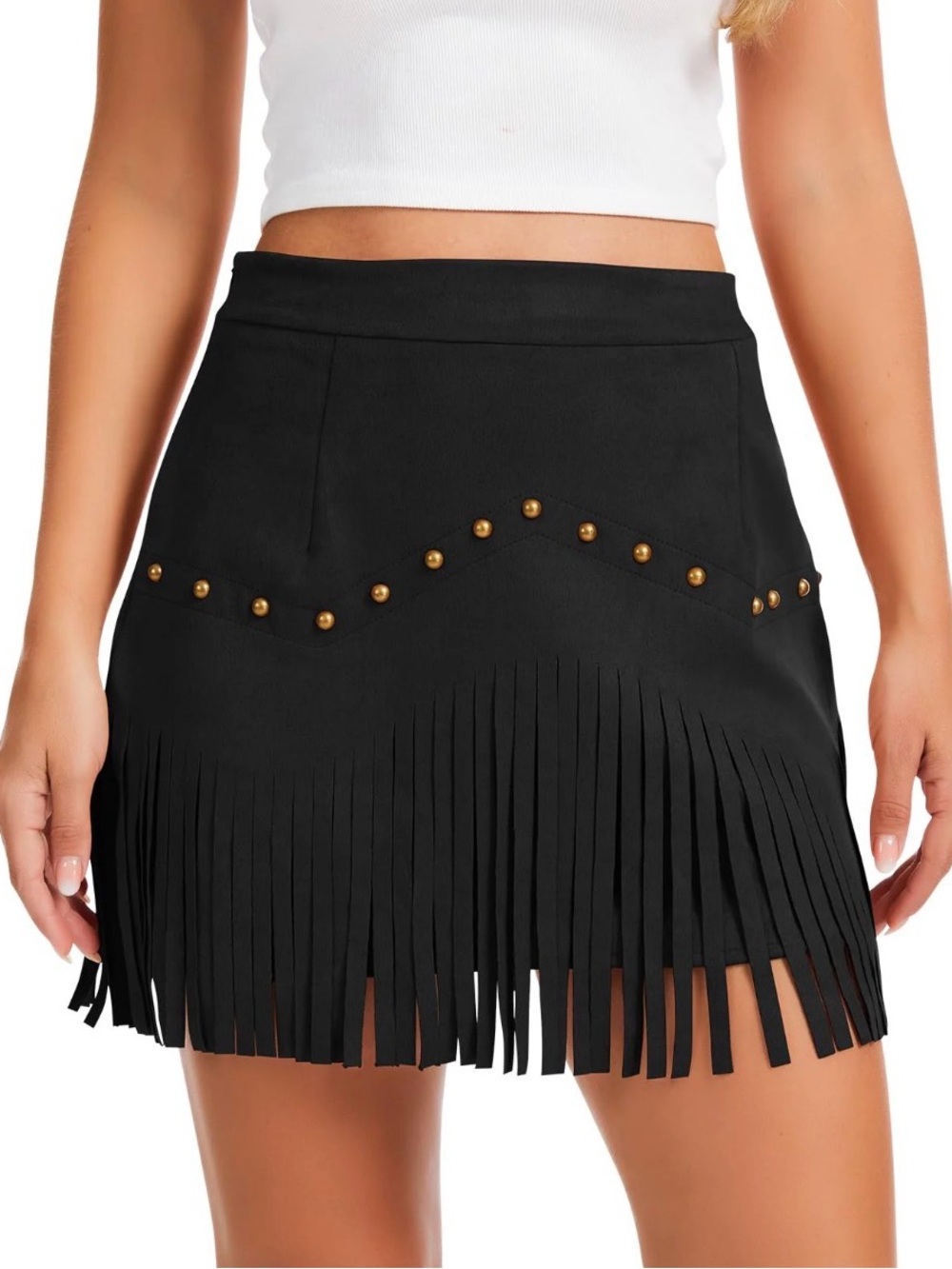 Fringe Mini Skort with Stud Detail in Black Faux Suede